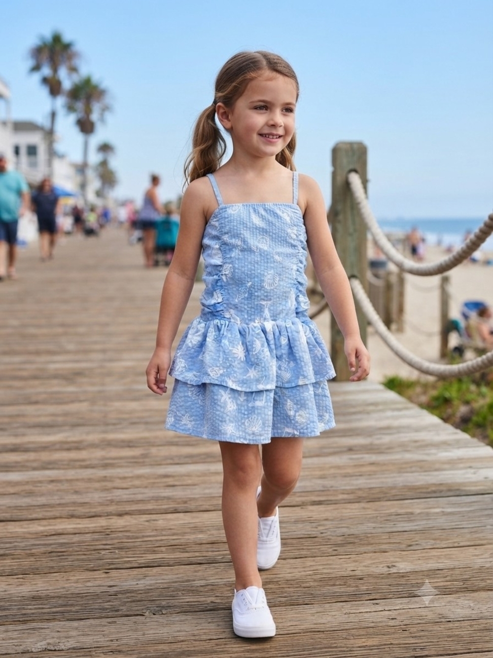 Artclass Blue Sealife Ruched/Tiered Sundress for Girls, S7/8, NWT